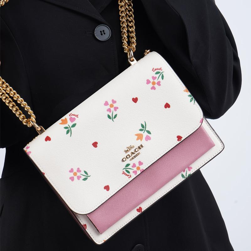 Coach Klare 22 Heart Flower Print Flap Chain Coated Canvas And Leather Accordion Shoulder Crossbody Bag Small Women Bags Pink White C7596-IMCAH