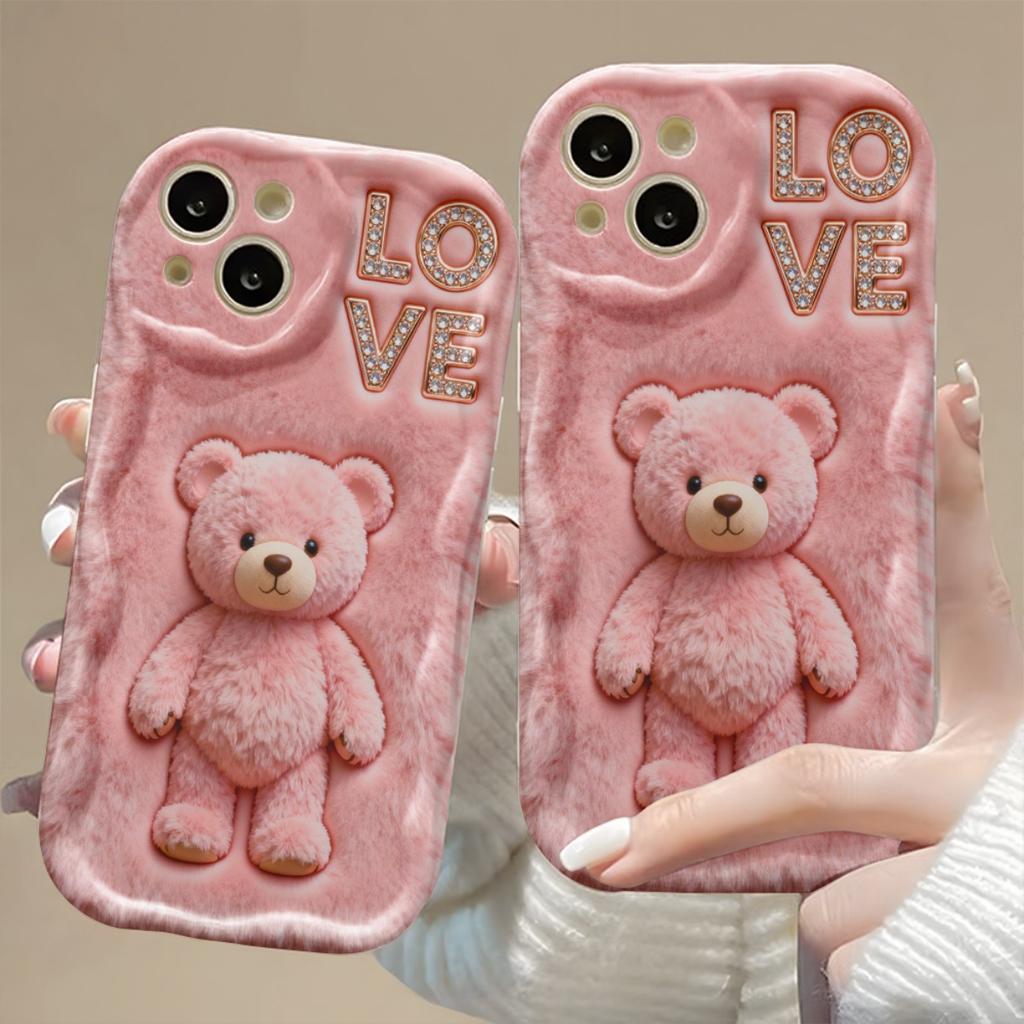 Cute Pink Teddy Bear & Love Pattern Phone Case For Samsung Galaxy S26 Ultra S25 S24 S23 S22 S21 S20 Plus A56 A54 A53 A16 Cover