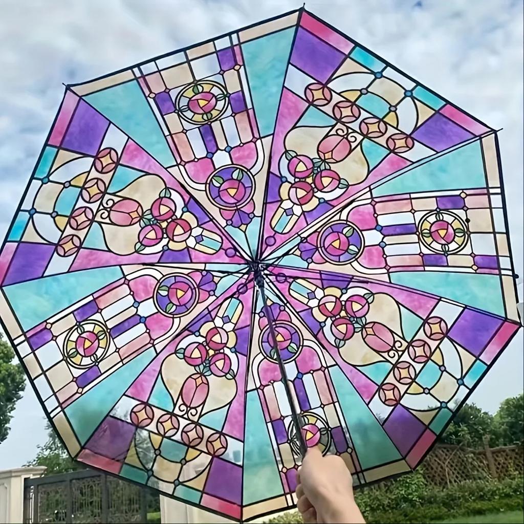 Retro Window Flower Pattern Transparent Umbrella Fully Automatic Opening and Closing Portable Travel Transparent Kids Umbrella