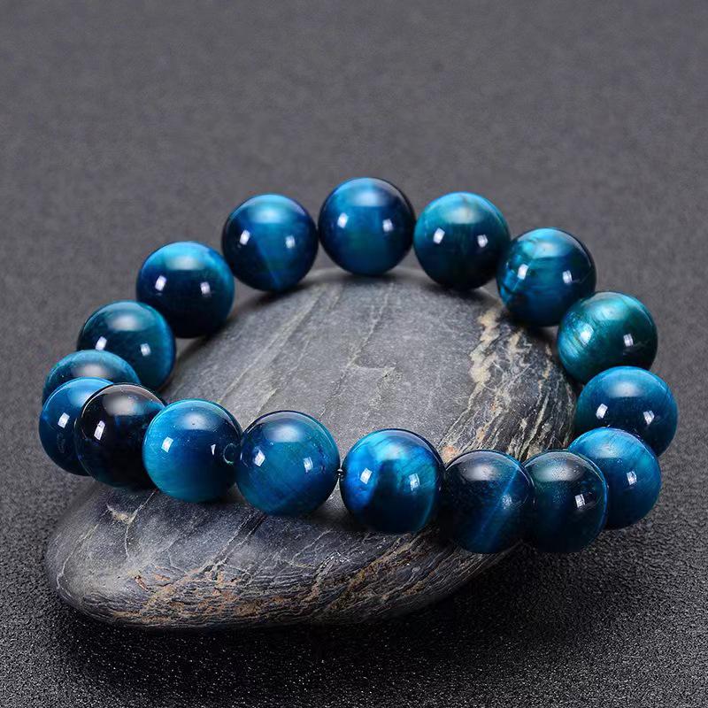 Blue Tiger's Eye Stone Men's Bracelet - Single Strand Cat's Eye Natural Hawk's Eye Stone.
