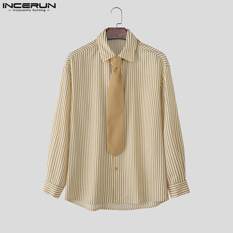 INCERUN S-5XL Men Turn-down Collar Tie Long Sleeve Striped Casual College Style Shirts