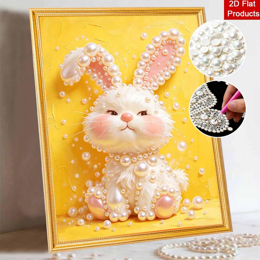 5D Framed Pearl Painting Kit Cute Bunny Pattern Sparkling Bead Art Canvas Ready to Display Romantic Home Decor Gift for Bedroom Wall Art