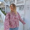 Women'S Crew Neck Cardigan Flower Pattern Cotton Jacket