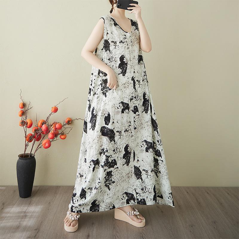 Summer new cotton and linen V-neck Korean version plus long nightdress lazy style loose version sleeveless dress women