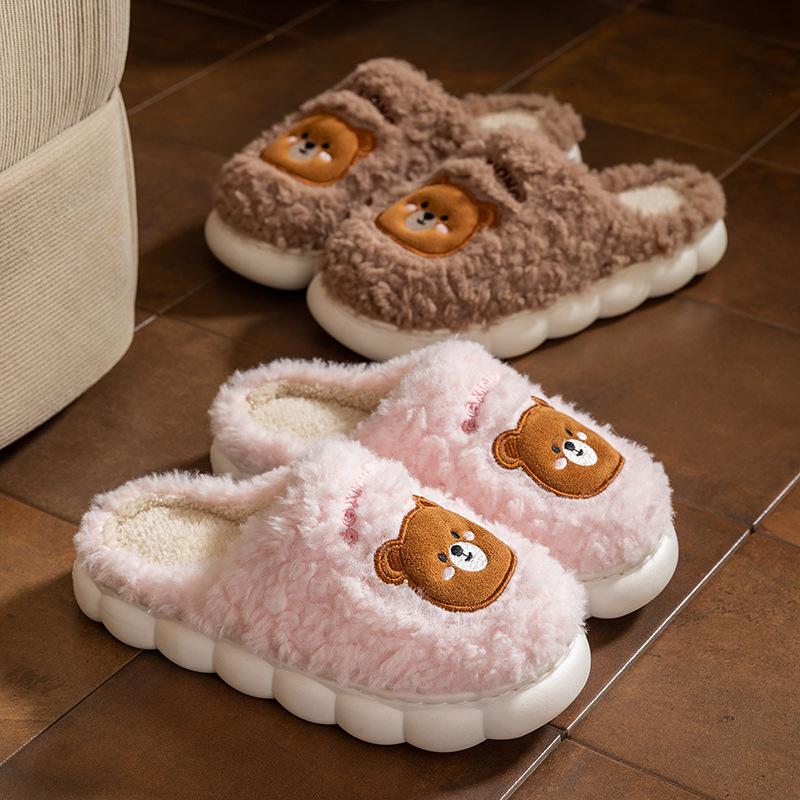 Home cotton slippers couple thick bottom non-slip warm cartoon bear design new home fluff mop