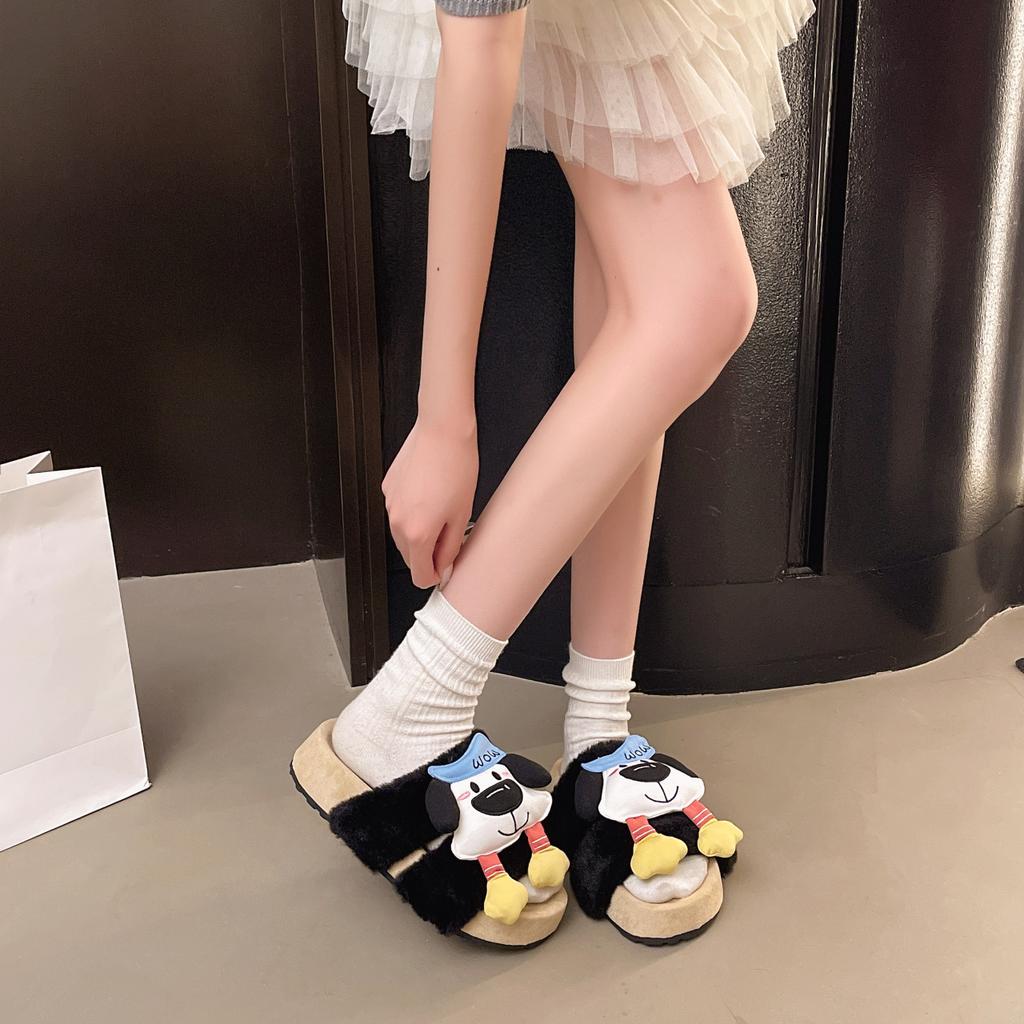 Ka Ai cartoon puppy fluffy slippers women's outer wear 2025 autumn and winter new thick-bottomed fashion lazy one-word cotton slippers