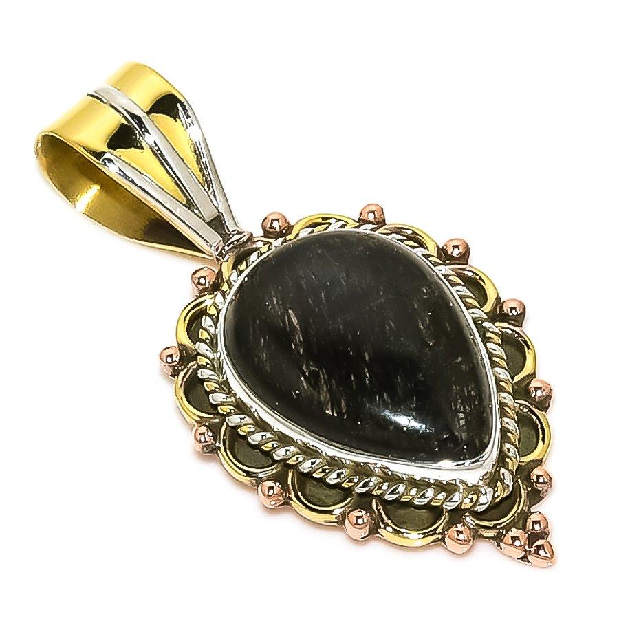 

Natural Black Rutile TwoTone 925 Solid Sterling Silver Gift Pendant 1.50 J7d66