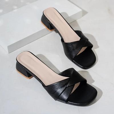 2025 Estate Nuova Moda Punta Aperta Tinta Unita Semplici Superficie in Pelle Colore Versatile Ciabatte Larghe Scarpe Tacco Quadrato Donna