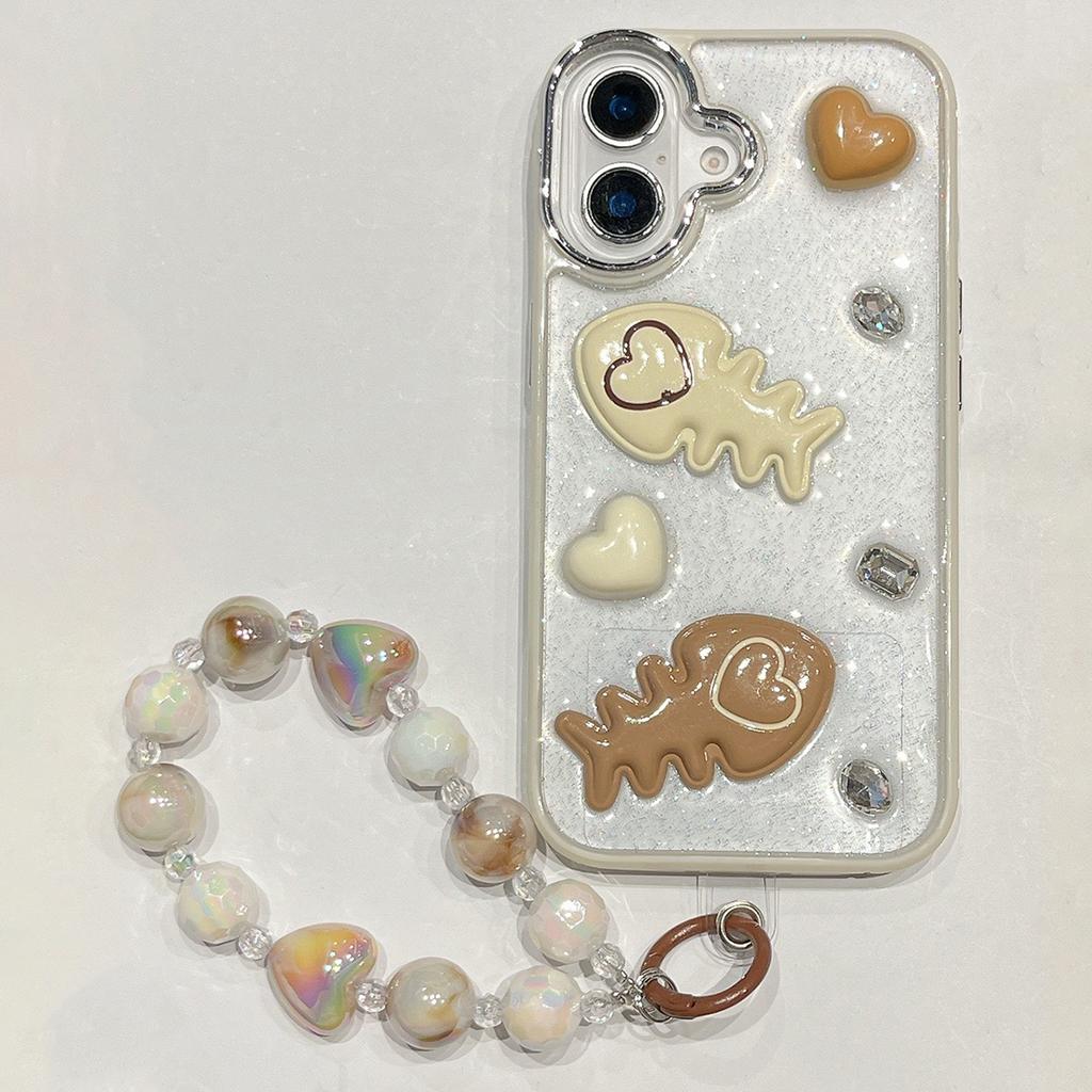 For iPhone 16 Case with Strap Glitter Heart Double Fishbone Epoxy PC TPU Phone Cover