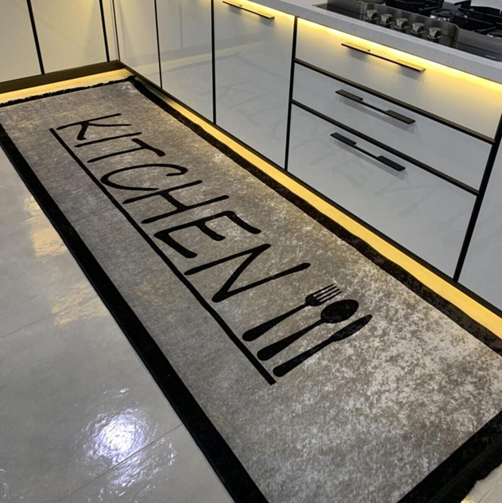 Latex Leather Base Fringed Digital Printed Modern Kitchen Mat Home, Decoration Floor Carpet ,Anti-Slip Long Rug, Gray and Brown