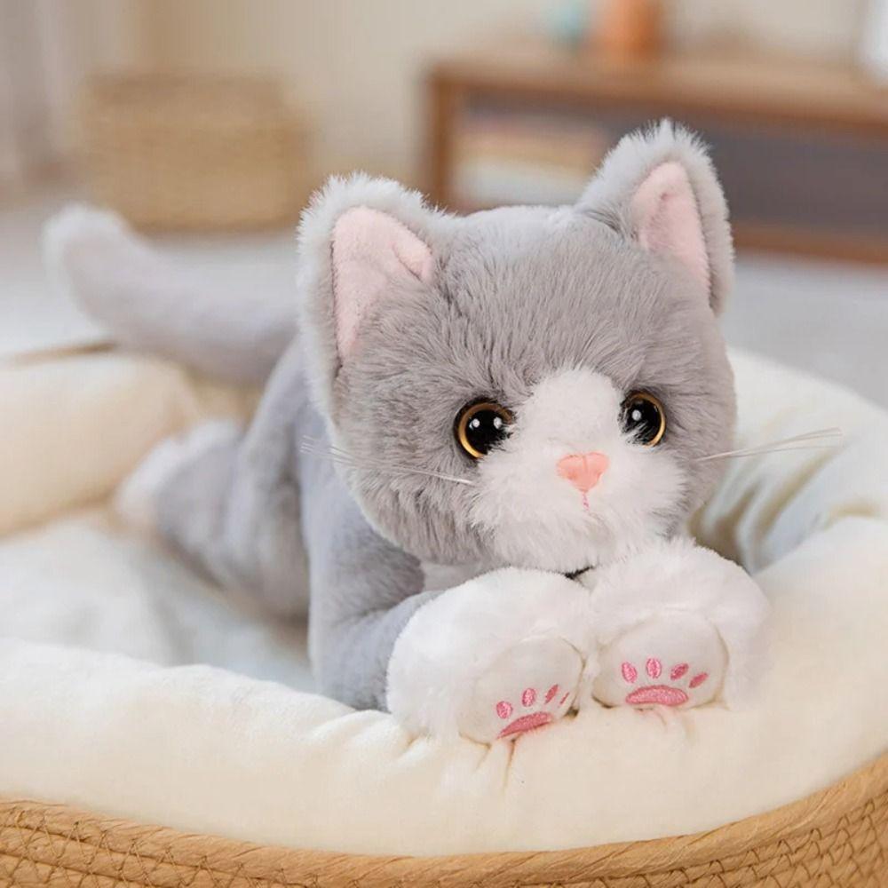 Plush Simulated Cat Plush Toy White/ Gray Plush Cat Doll Plush Kitten Pillow  Birthday Gift