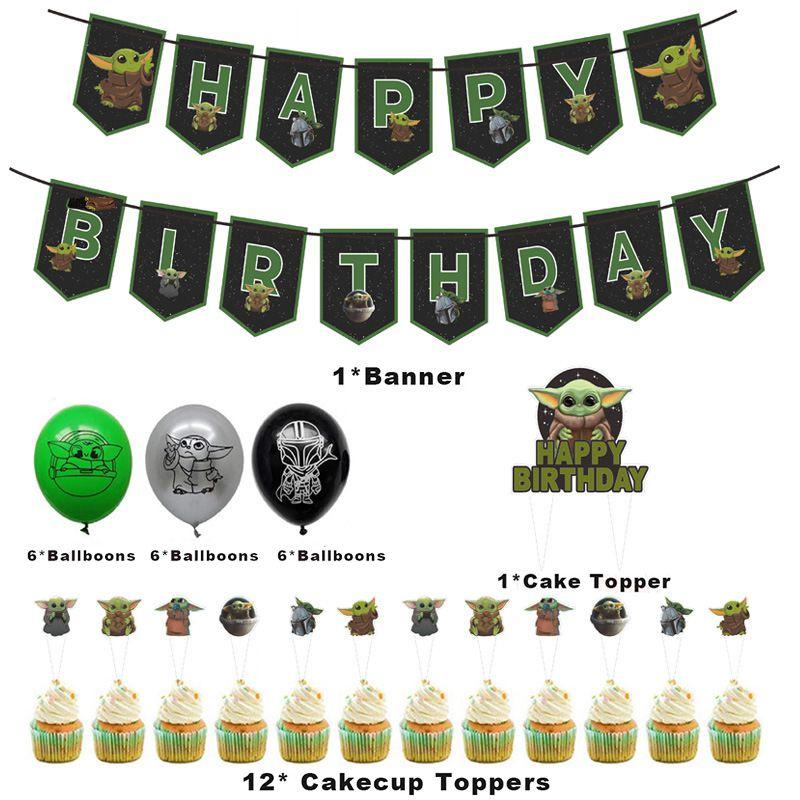 Whimsical Baby Yoda Star Wars Kids Birthday Party Decor Featuring Colorful Cake Toppers And Balloons