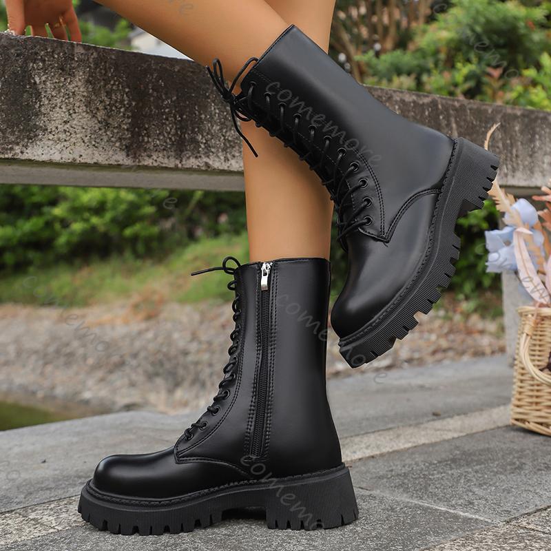 Fashion Comemore Fashion Black PU Leather Mid Calf Boots Women Thick Sole Black Boots Woman Autumn Winter Lace Up Platform Botas Mujer