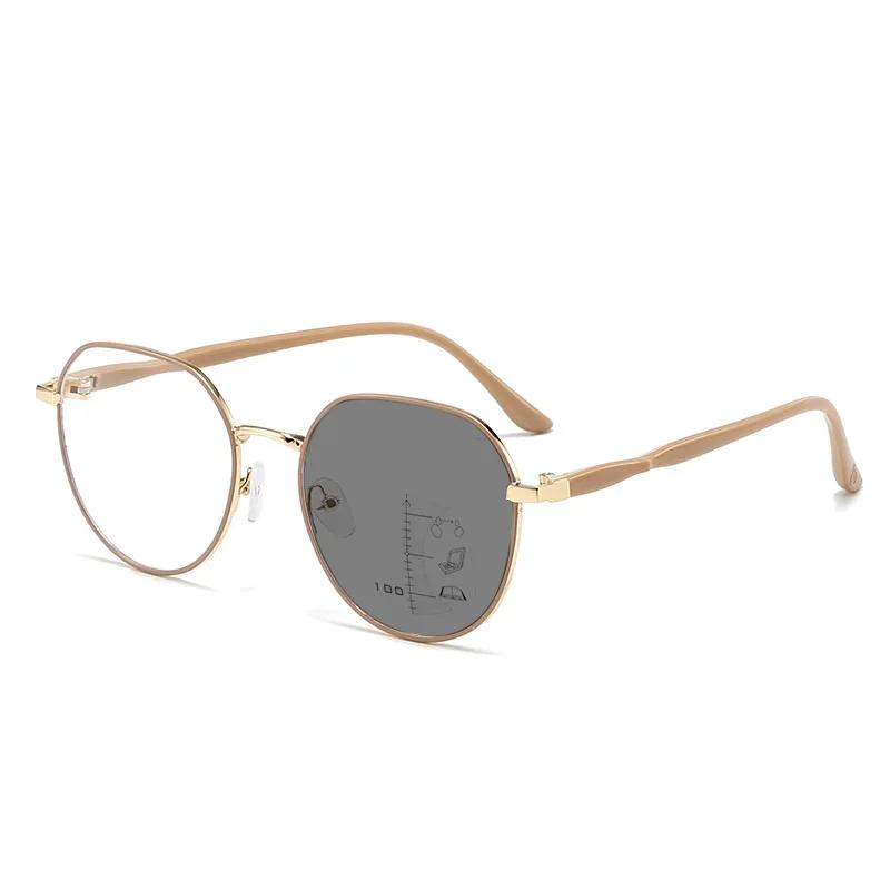 

Retro Round Multifocus Photochromic Reading Glasses Metal Frame Far Sight Glasses High Definition Anti-blue Presbyopia Glasses 1.0