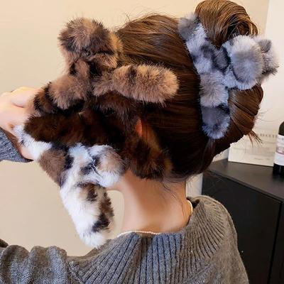 Vintage Print Große Kreuz Weiche Kunstfell Haarspangen Niedliche Plüsch Haarspange Haarnadeln Haarklammern Haargriffe Winter Kopfschmuck
