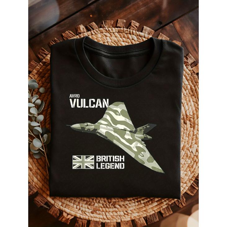 Men S Avro Vulcan Bomber Jet RAF T-Shirt - British Aircraft Camouflage Print & Vulcan Logo with Union Jack Flag Design, Short Sleeve Casual Tee for S чёрный