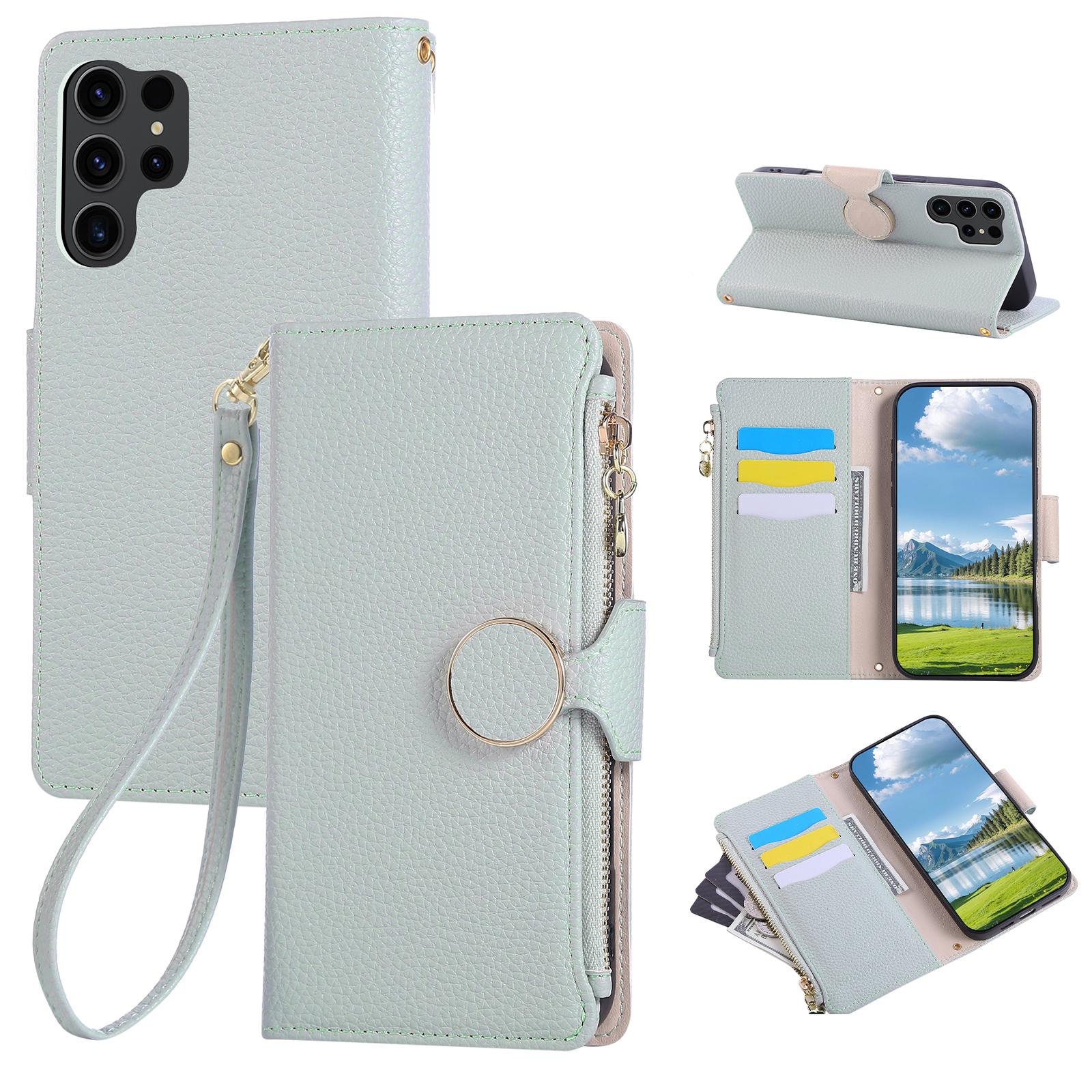

For Samsung Galaxy S24 Ultra Case Zipper Wallet Leather Phone Cover with Wrist Strap Cyan