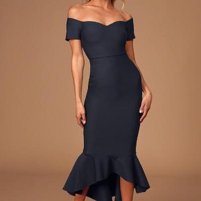 European And American Women'S Clothing New Fashion Temperament Slim Solid Color Sexy One-Word Collar Off-The-Shoulder Hip Fish Tail Dress
