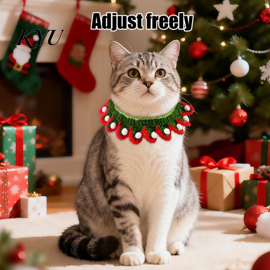 Festive Kitten Apparel Christmas Cat Costume, Knitted Bandana Pom-pom Hat, Cute Pet Costume Outfit for Holiday Party Winter Cats
