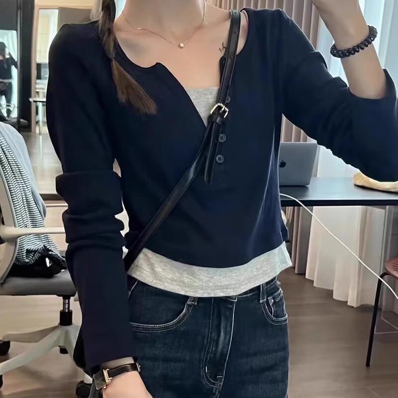 Yuzhaolin Women's Faux Two-Piece Color-block V-Neck Slim Long Sleeve T-Shirt