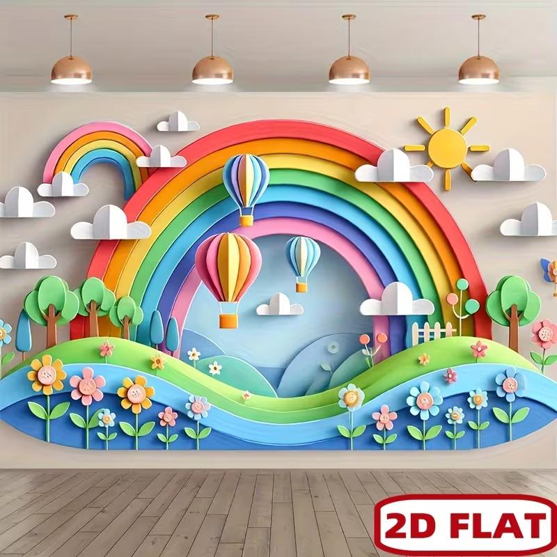 

2D Cartoon Rainbow Garden Banner Hot Air Balloon Kids Birthday Supplies 47.2x31.5inch/120*80cm