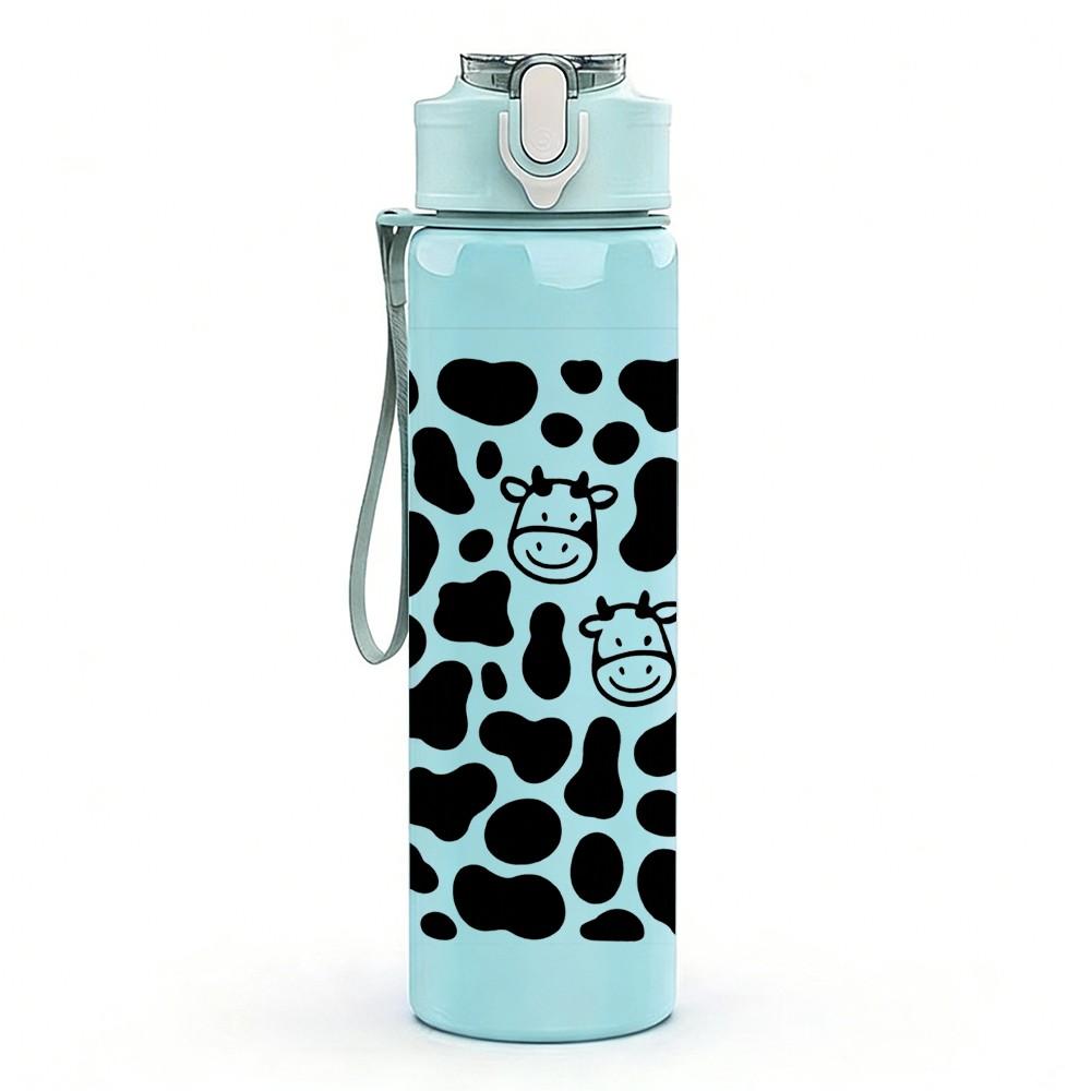 1PC Black White Cow Head Pattern 750ml Color Plastic Sports Water Bottle Leakproof Flip Straw Lid Suitable for Sports Office Home Use