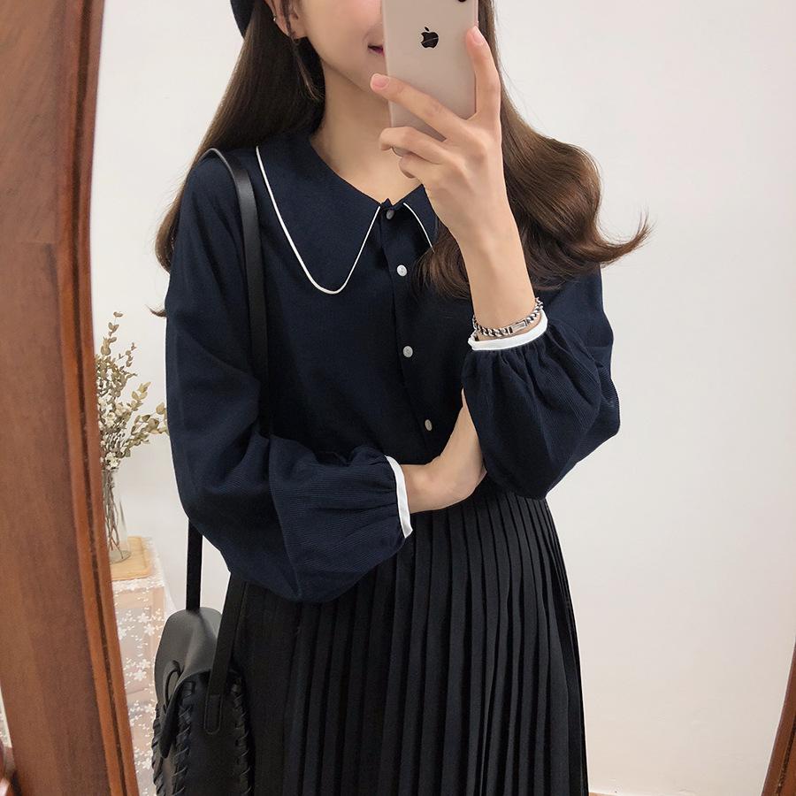 Women's Peter Pan Collar Long-Sleeve Blouse with Black Trim Shirt