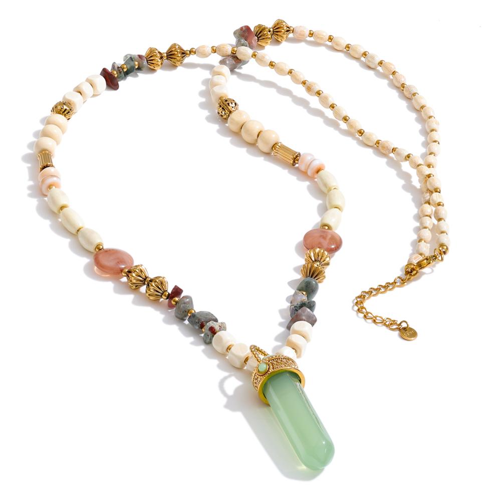 

Yhpup 82+5cm Stainless Steel Resin Stone Acrylic Wood Beads Chain Statement Necklace Waterproof Handmade French Long Jewelry