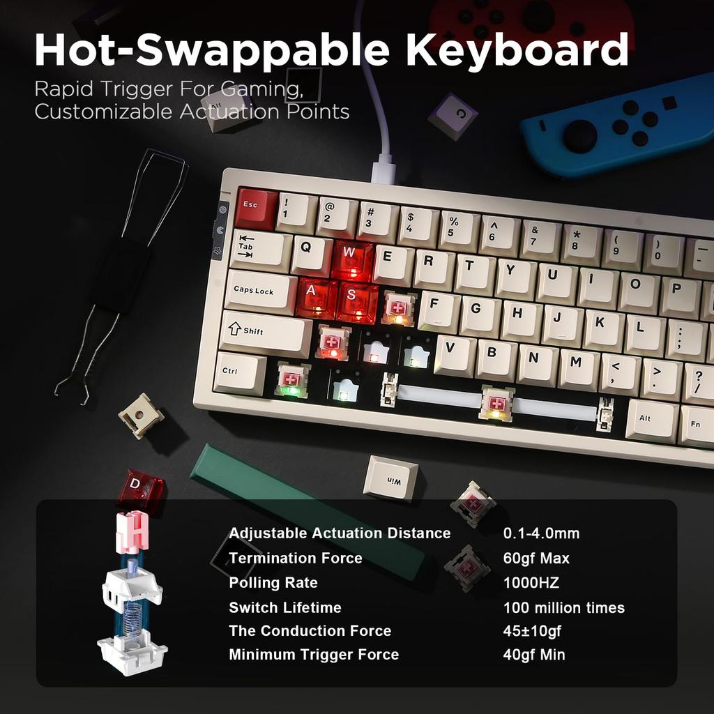 YUNZII RT68 Gaming Keyboard with Rapid Mechanical TKL Gaming Magnetic RGB Wired 68 Keys with PBT Adjustable Actuation OUTEMU Trigger, Switches, USB,