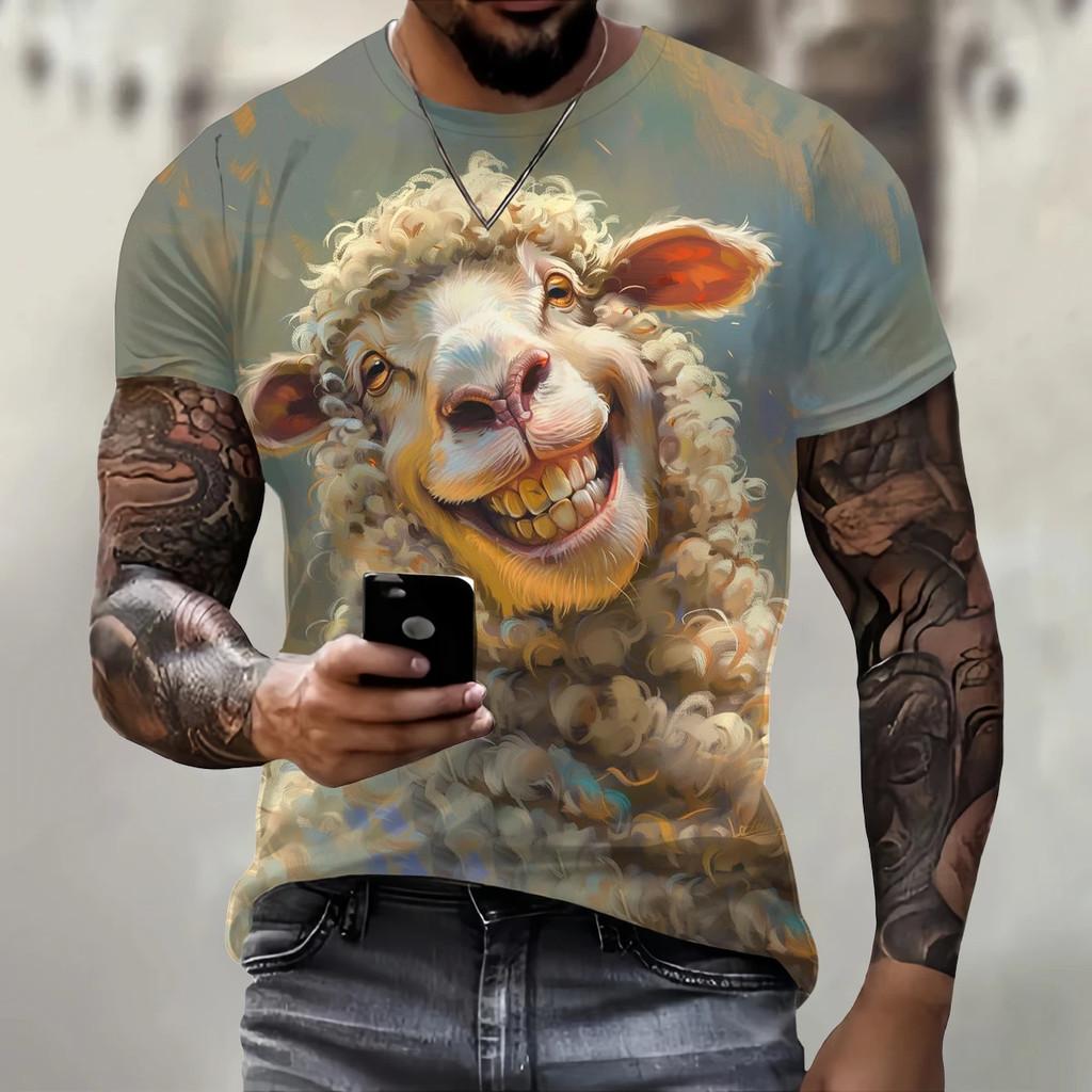 Trendy hip-hop clothing, fun 3D sheep print men's street casual O-neck short sleeved T-shirt, fashionable and loose summer top