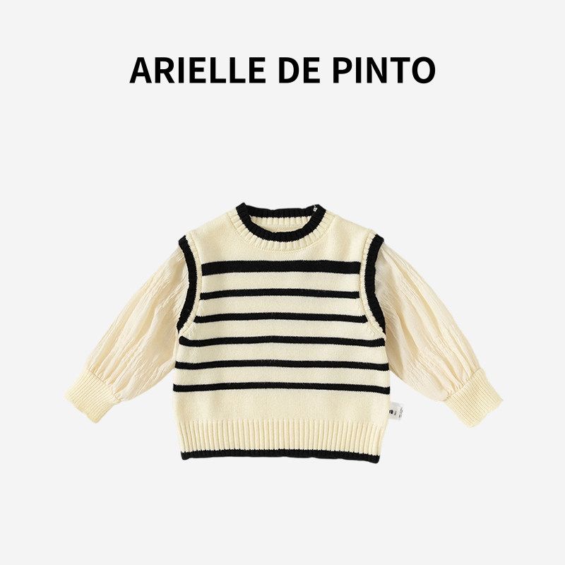 French Arielle De Pinto Girls Knitted Sweater Spring and Autumn Style Preppy Style Knitted Sweater V-Neck Cardigan Jacket Rice White 140
