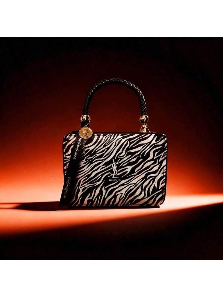 YSL Kadın Siyah Beyaz Zebra Desenli Portföy Çanta - Günlük işe gidiş ve alışveriş için uygun, çok fonksiyonlu bir makyaj çantası.