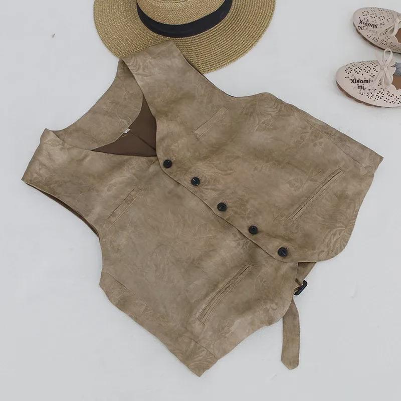 Spring/Autumn Women's Vest Suit: Silk Linen Blend with Jacquard, Long Midi Skirt B0203