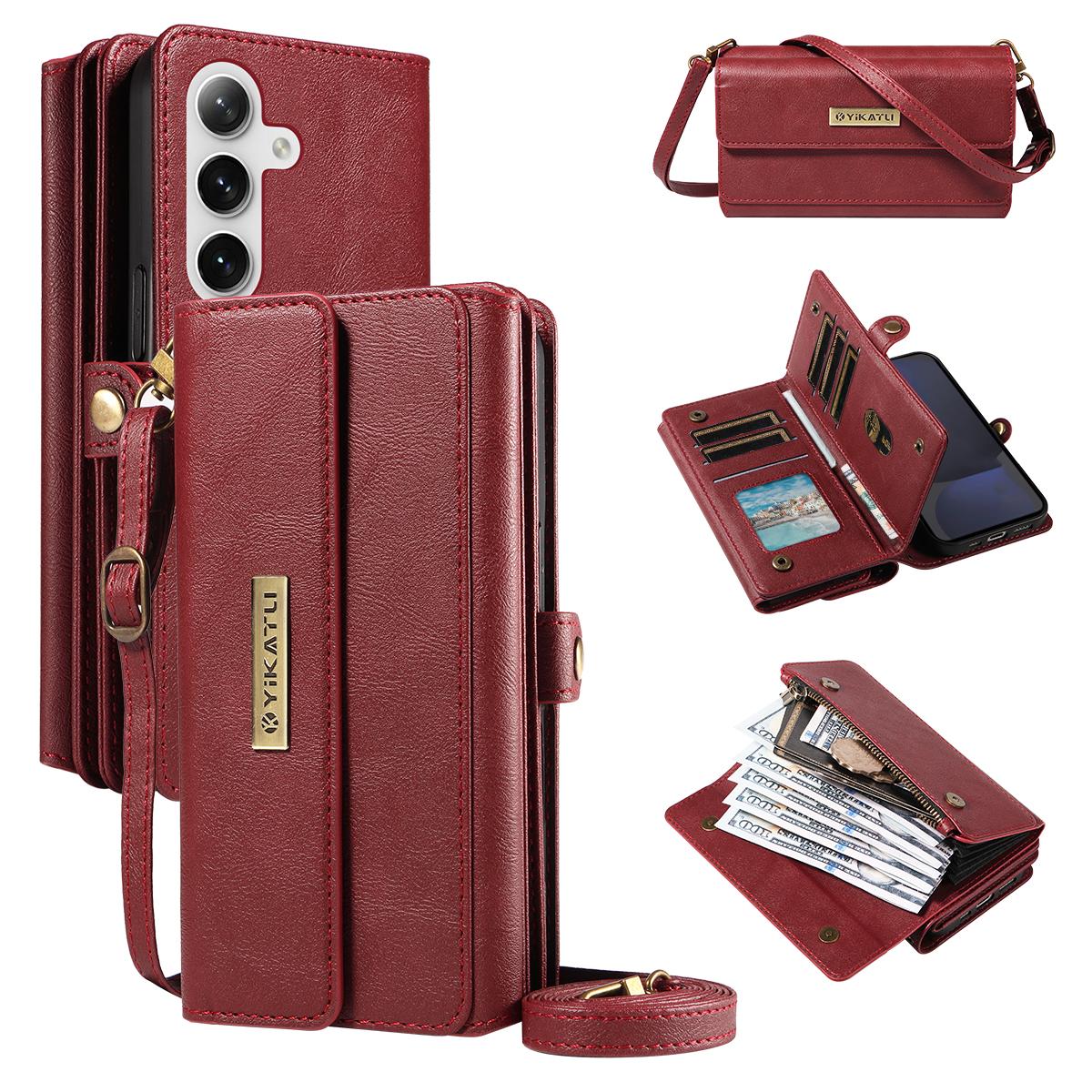 

For Samsung Galaxy S24 FE Case YIKATU YK-008 Zipper Wallet Leather Phone Cover with Shoulder Strap Red