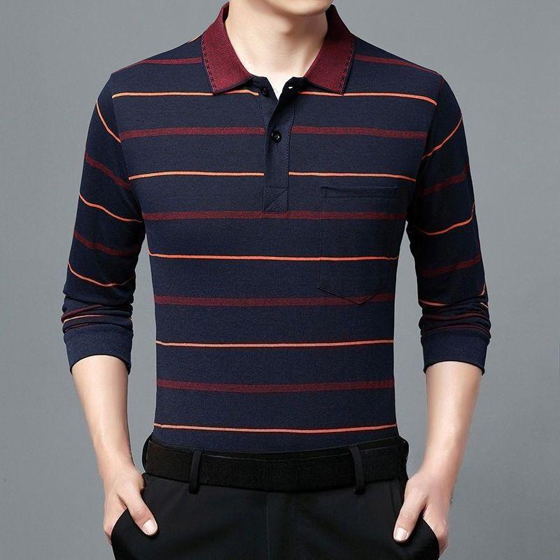 Camisas polo listradas masculinas da moda, novas camisas polo coreanas para negócios, primavera/outono, casuais, manga comprida, bolsos na lapela, roupas masculinas, tops de algodão, 2025