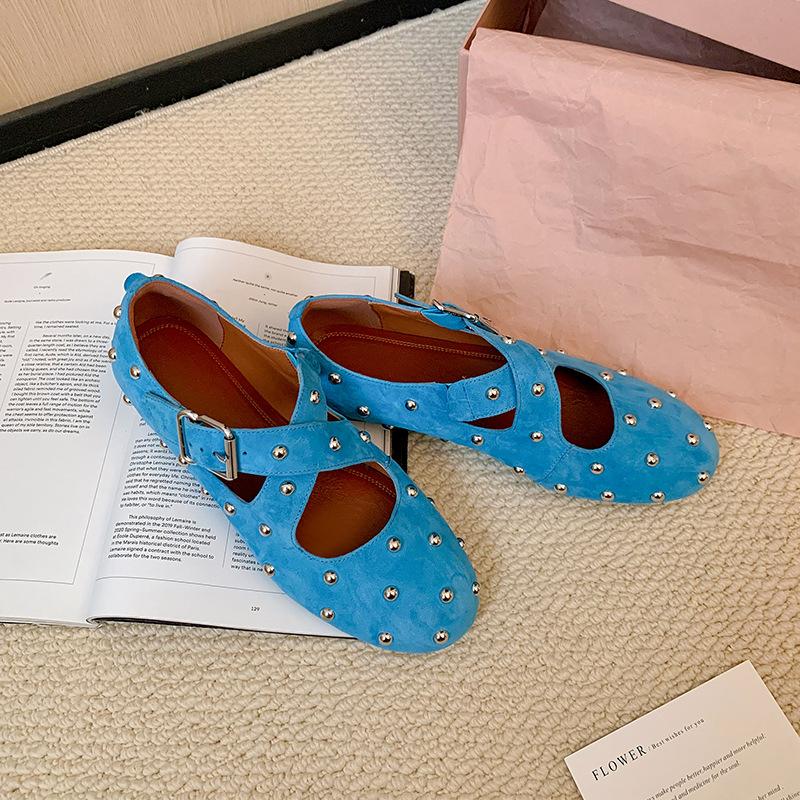 

Sheepskin Korean version of rivet round head cross buckle with Mary Jane single shoes women s 2025 spring and summer new ballet flats 35