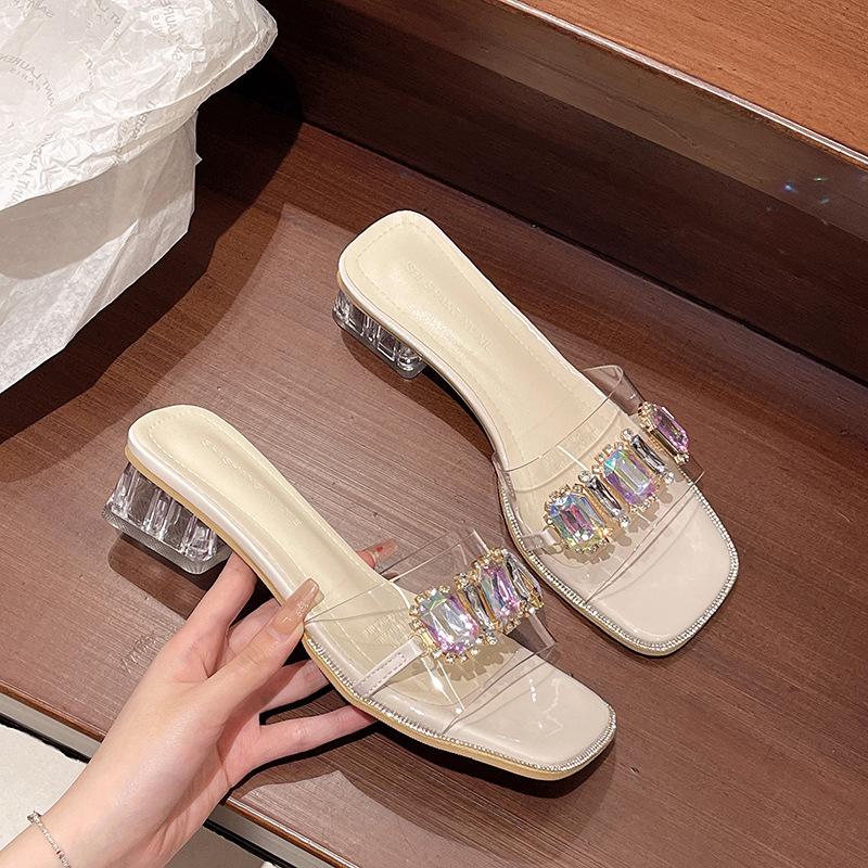 Fashion 2025 Women's Summer Outdoor New Style Fashion Transparent Crystal Water Diamond Sandals with Thick Heels Elegant and Beautiful