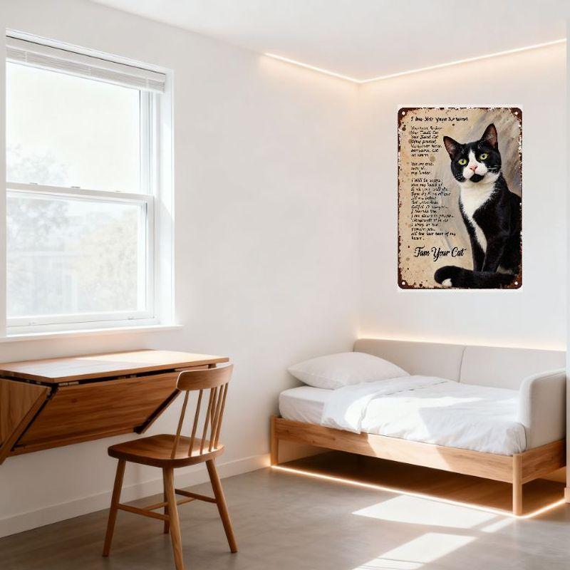 Vintage Tuxedo Cat Metal Sign with Handwritten Poem 'I AM NOT YOUR TURNING' - Rustic Black & White Cat with Green Eyes Tin Wall