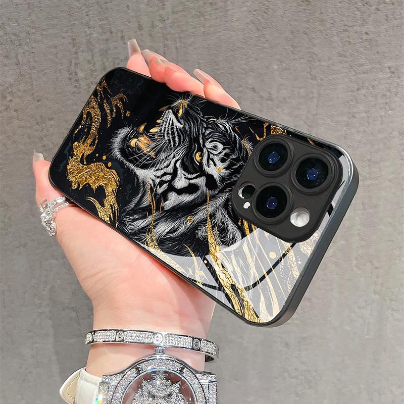 Módní tvrzené sklo na telefon se vzorem zlatého tygra pro iPhone 17 16 15 Pro Max 14 13 12 11 17Air 16E 7 8 Plus XR XS X Kryt