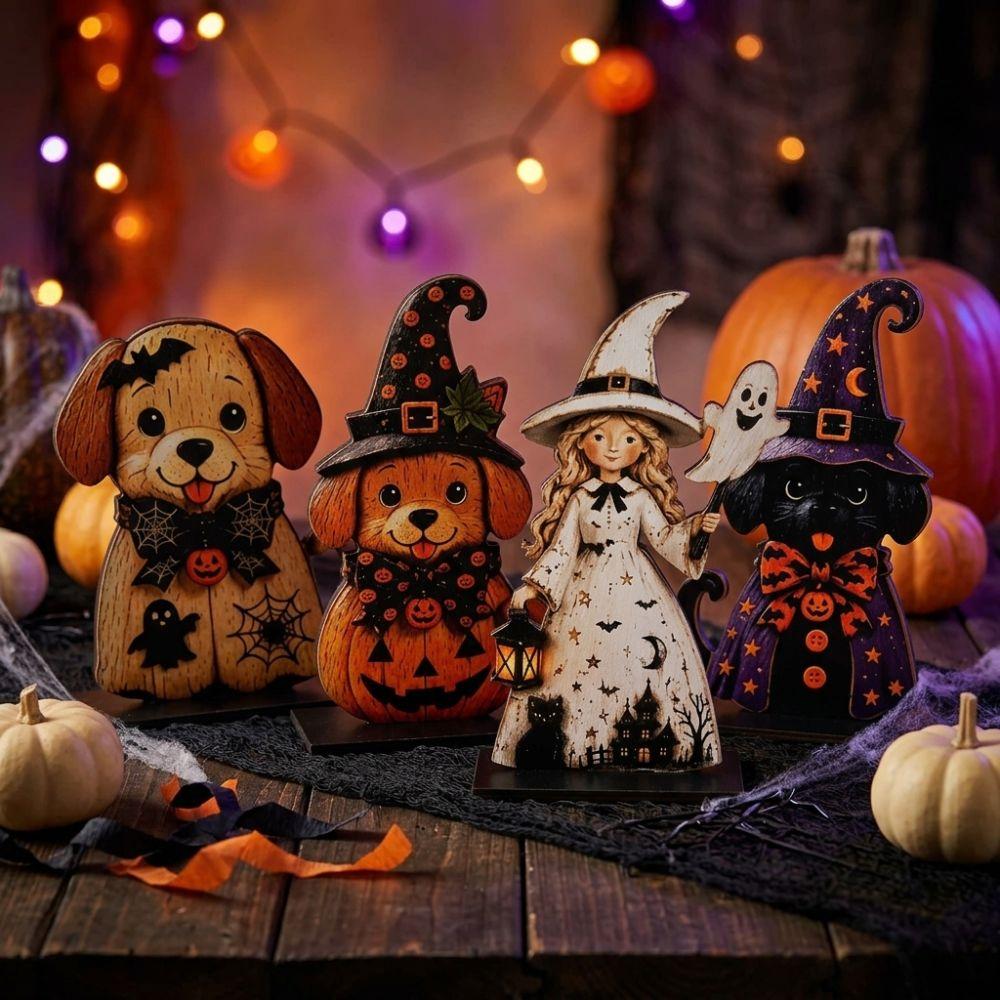 3 Stück Stabile Basis Halloween Holz Hundeschilder 2D Flach Kürbis Geist Handwerk Dekoration Thanksgiving