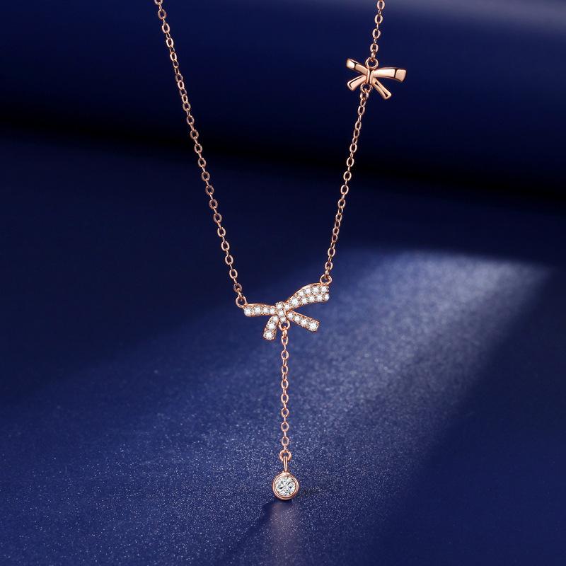 Elegant S925 Sterling Silver Bow Tassel Necklace: Luxury Clavicle Chain for Women with a Chic, Sophisticated Touch.