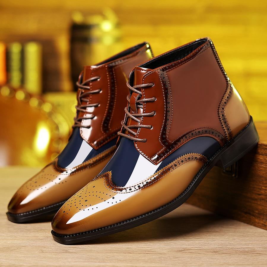 Herren High Top Lederstiefel, Übergröße Business-Kleidschuhe, Schnürung Patchwork-Farbe Büro-Kleid Lederschuhe