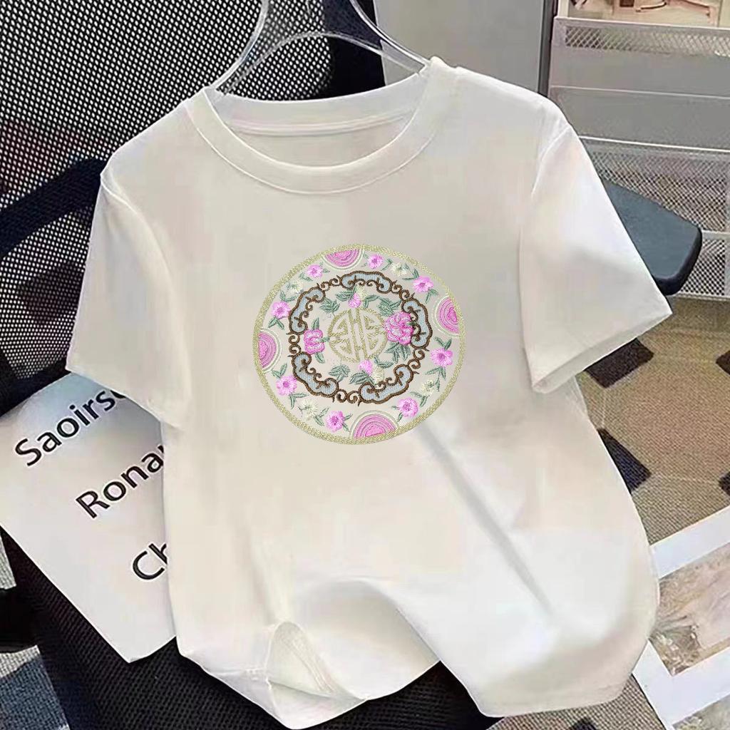 VEZFAA Damenmode Casual Sommer Frühling Blumenmuster Druck Kurzarm O-Ausschnitt Blusen & Hemden