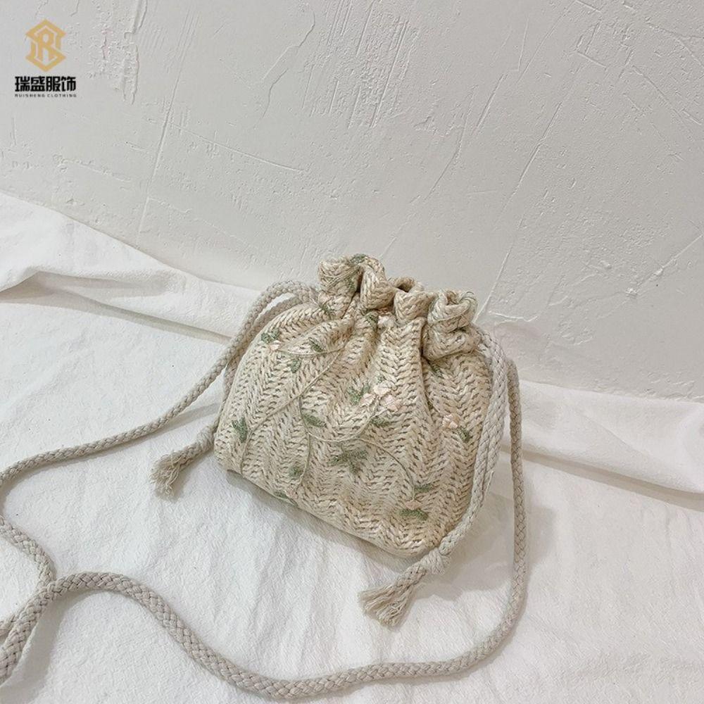 Elegant Straw Bag Lace Woven Beach Bag Leisure Drawstring Bucket Bag  Vacation