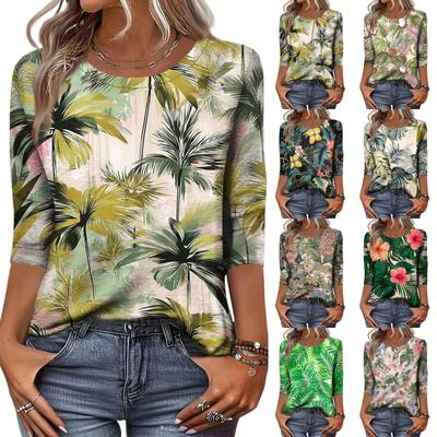 Women's Fashionable Casual Round Neck Three-Quarter Sleeve Printed T-Shirt Top