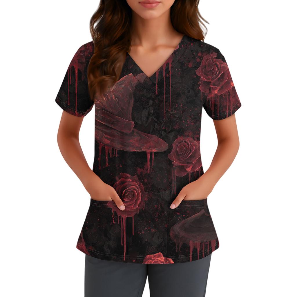 Haut pour femme à col en V et manches courtes avec poches Impression florale d'Halloween Chemise d'uniforme pour infirmière Soins de santé