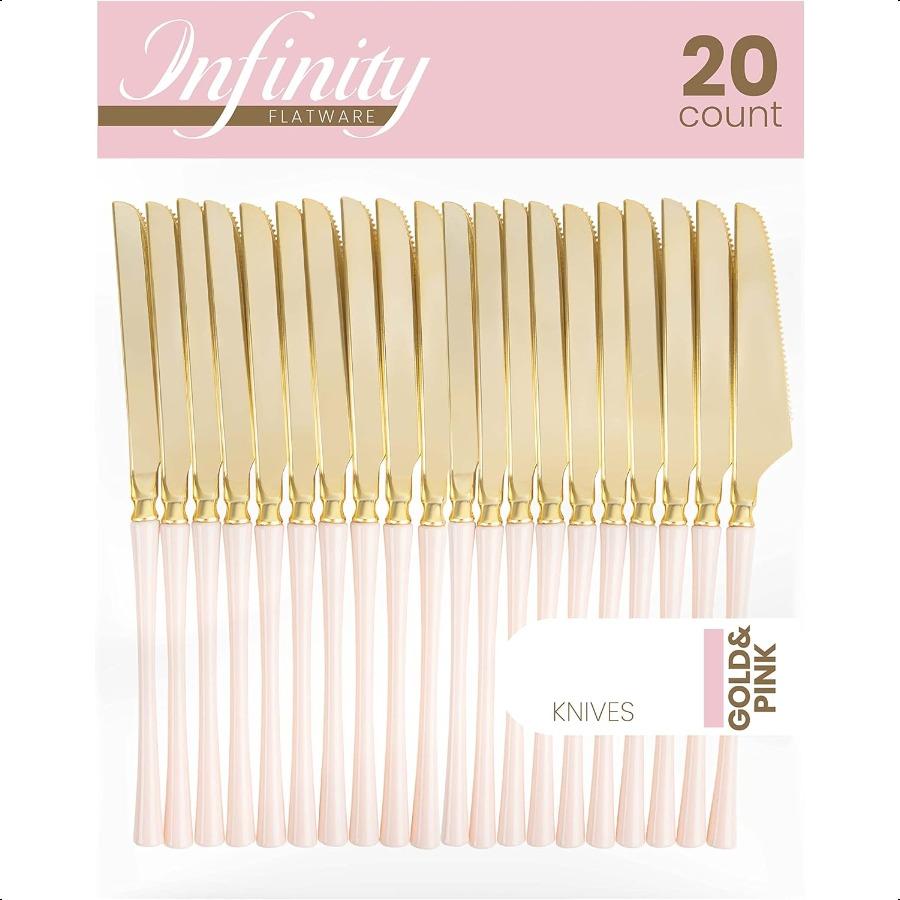 

20 штук Золотые и розовые пластиковые ножи Премиальное качество Сверхпрочные Одноразовые Элегантные столовые приборы Двухцветные ножи для вечеринки United States