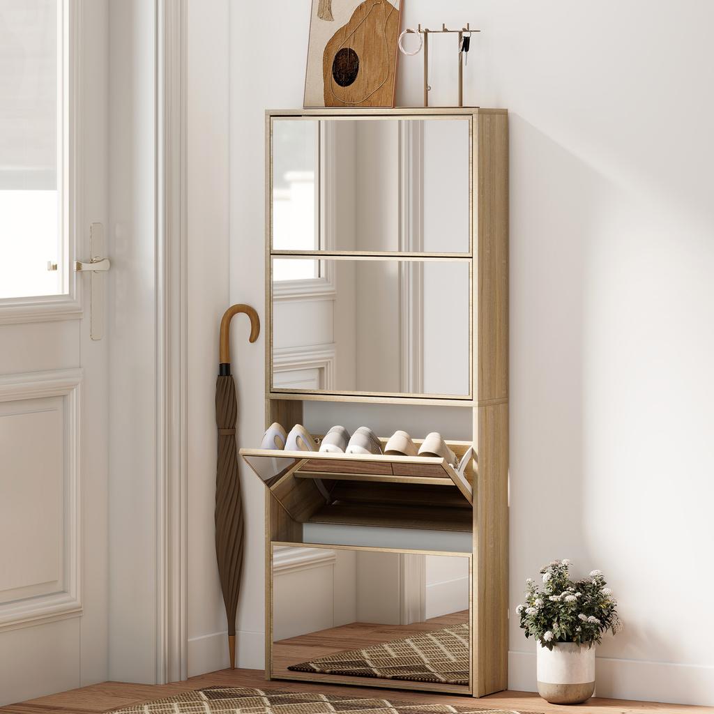 Schmaler Schuhschrank mit Spiegel und 4 Klapptüren für 12 Paar Schuhe 63x17x146 cm Natur