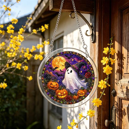 Yangyizhi Acrylic Jigsaw Puzzle Suncatcher, Stained Glass Style Halloween Skeleton Ghost Sun Catcher for Gothic Window Wall Hanging Decor