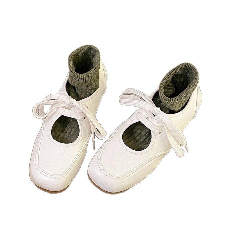Soft Leather Version~ Versatile Little White Shoes Women's Hollow Lace-up Casual Single Shoes Retro Square Head Flat Bottom Comfortable Mary Jane